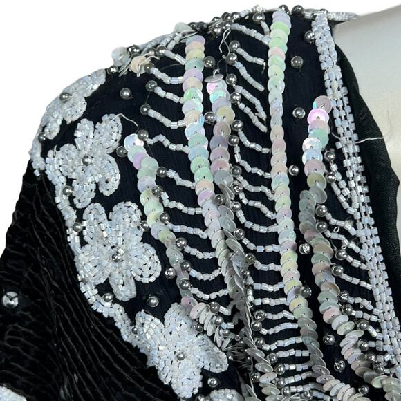 Vintage Black Sequin Beaded Fringe Dress Elegant Floral Design Flapper-Inspired - Picture 8 of 16